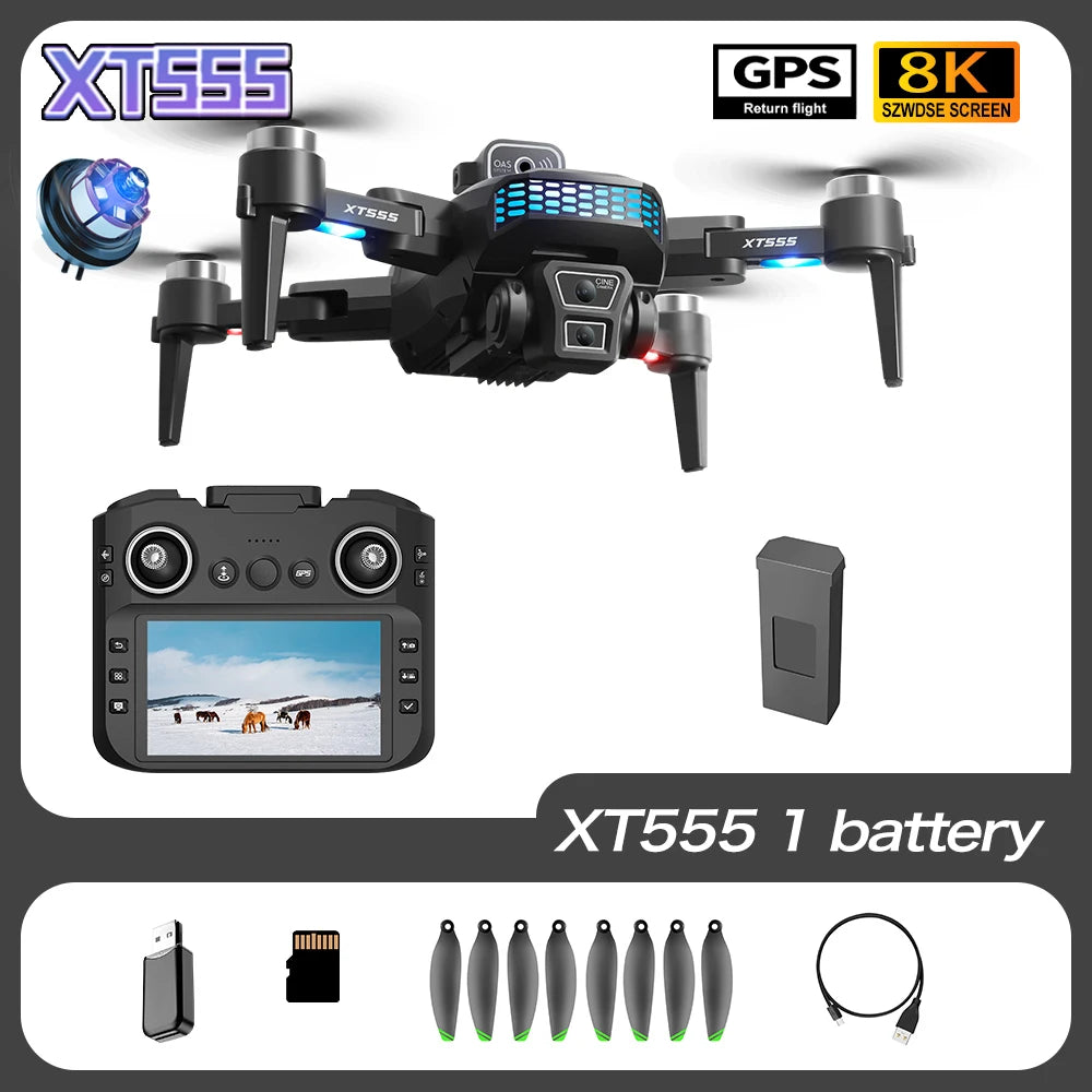 D043 - XT555 Drone - GPS 4K/8K Dual Camera Brushless 5G WiFi FPV Foldable 4.3" Screen Display Quadcopter