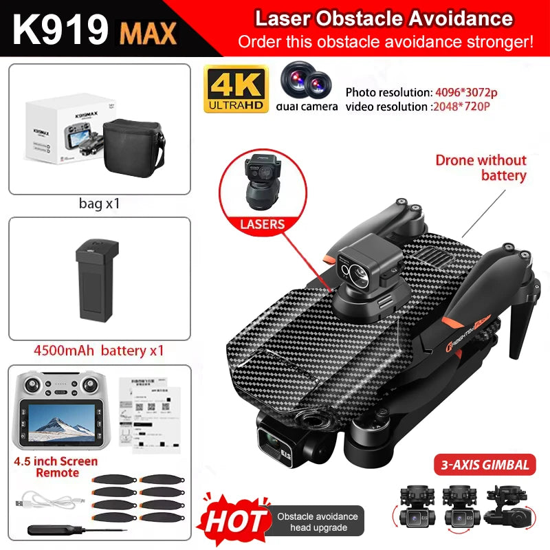 K919 MAX Drone - GPS Professional 8K Camera 3-Axis Gimbal Aerial FPV Brushless Obstacle Avoidance Large Screen Folding