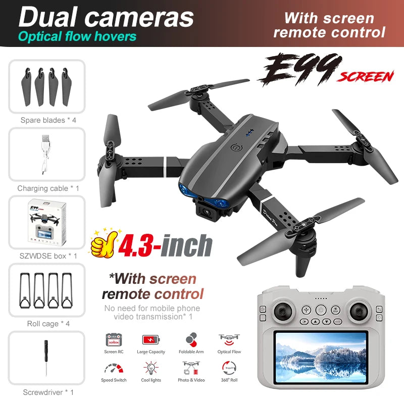 E99 MAX Drone - 8K HD 4.3 Inch Screen Remote Control Headless Mode 360 Roll Mini Quadcopter Kid Toy