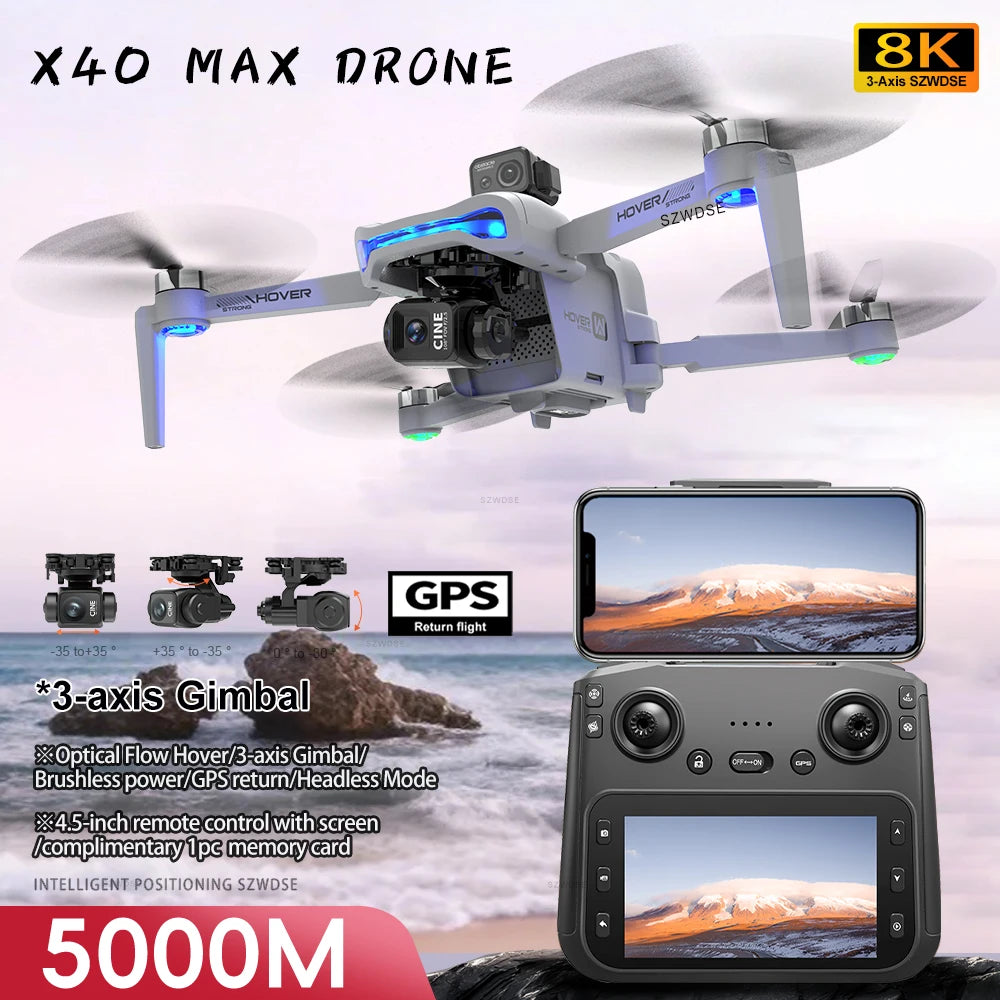 X40 Drone - 4K Professional HD Camera 3-Axis Gimbal Obstacle Avoidance Aerial Photography Brushless Foldable Quadcopter