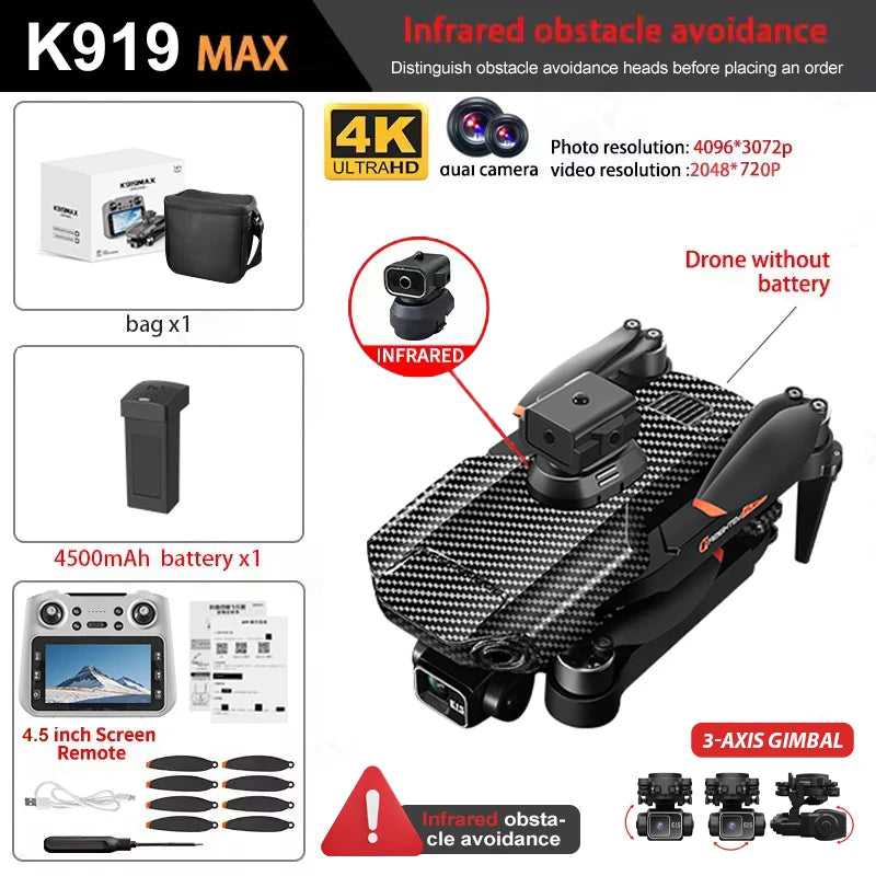 K919 MAX Drone - GPS Professional 8K Camera 3-Axis Gimbal Aerial FPV Brushless Obstacle Avoidance Large Screen Folding