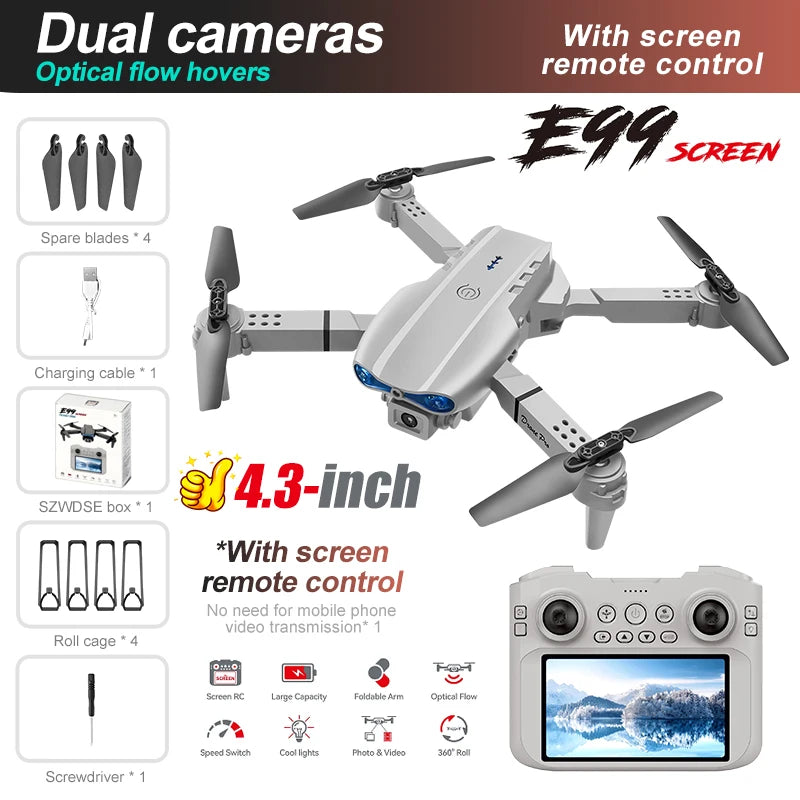E99 MAX Drone - 8K HD 4.3 Inch Screen Remote Control Headless Mode 360 Roll Mini Quadcopter Kid Toy