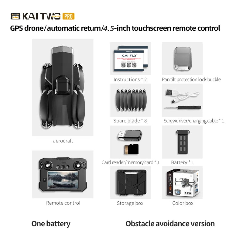KAI TWO Drone - 8K HD GPS Professional Dual Camera Brushless with Obstacle Avoidance & Screen