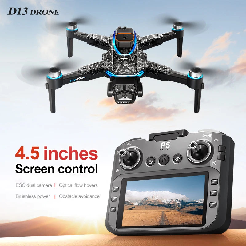 D042 - D13 Drone - 4K Triple Camera 5G WiFi FPV Brushless 360° Obstacle Avoidance 4.5" Screen Quadcopter