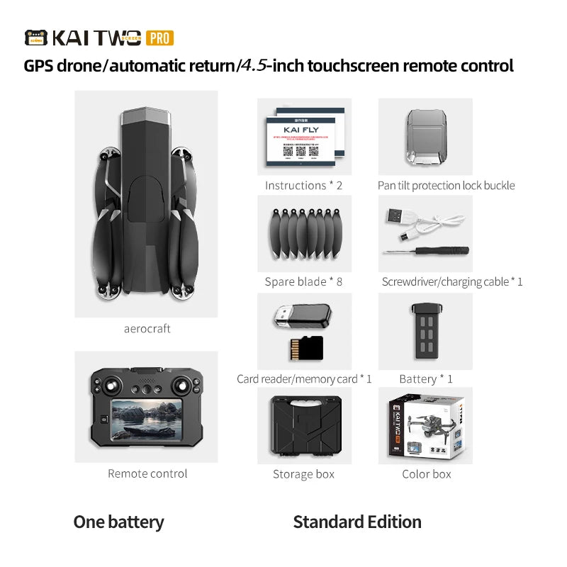 KAI TWO Drone - 8K HD GPS Professional Dual Camera Brushless with Obstacle Avoidance & Screen
