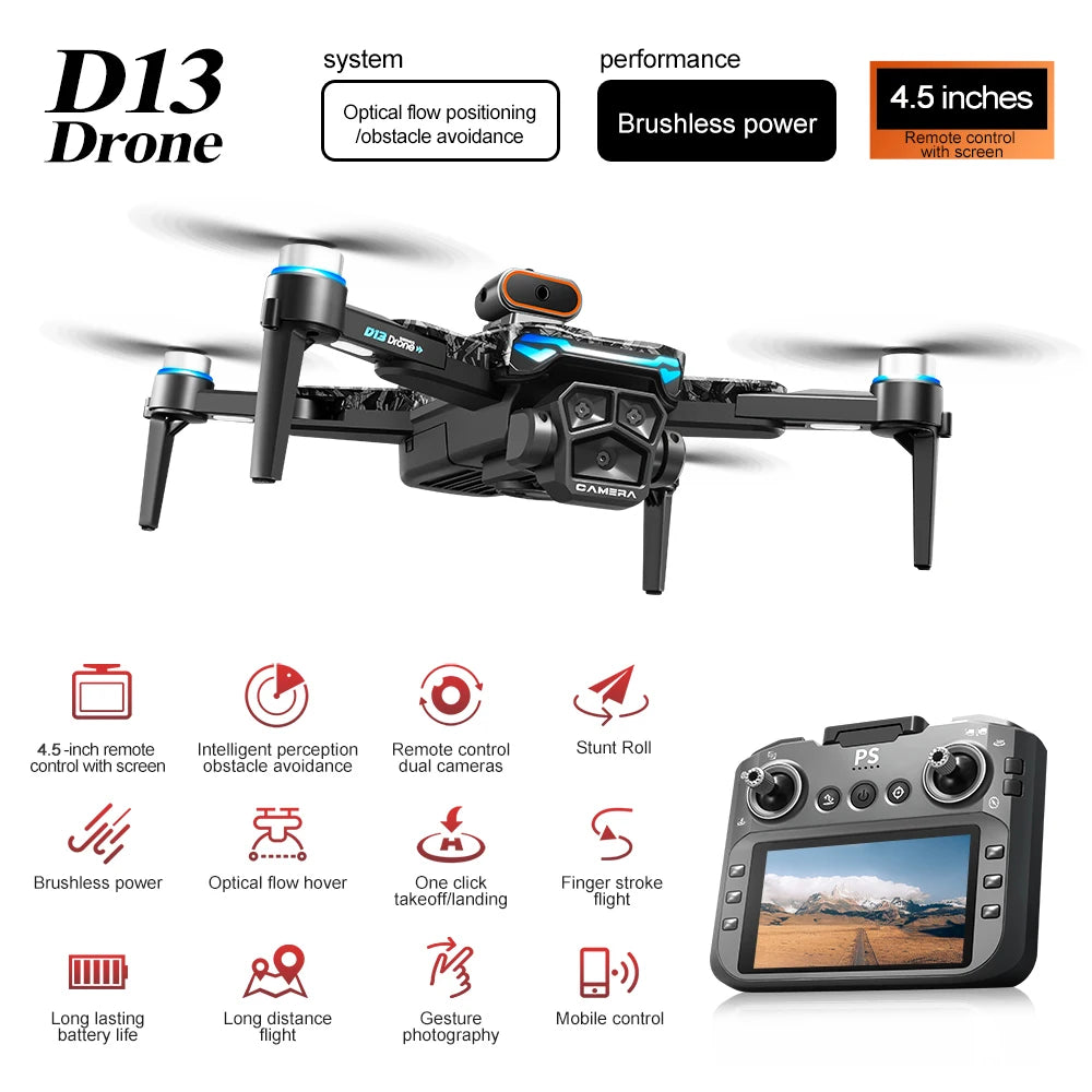D042 - D13 Drone - 4K Triple Camera 5G WiFi FPV Brushless 360° Obstacle Avoidance 4.5" Screen Quadcopter
