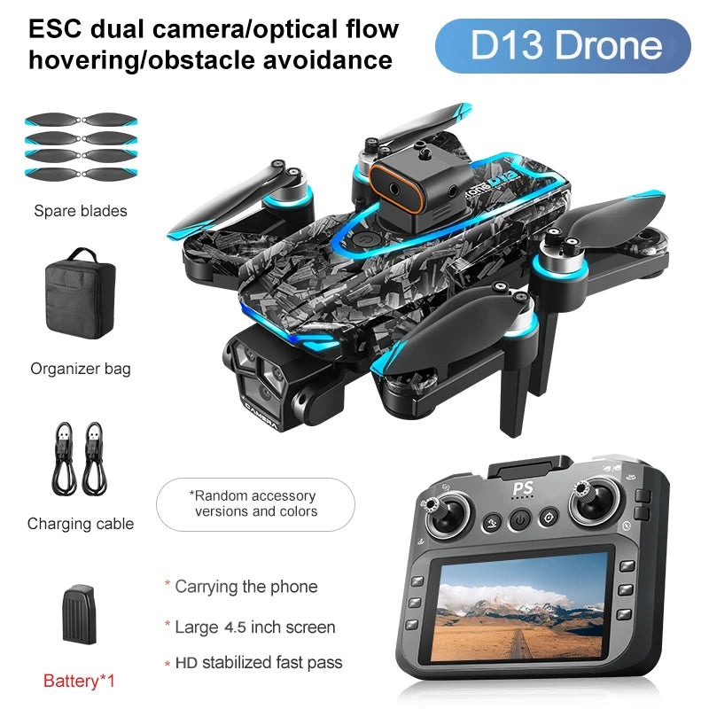 D042 - D13 Drone - 4K Triple Camera 5G WiFi FPV Brushless 360° Obstacle Avoidance 4.5" Screen Quadcopter